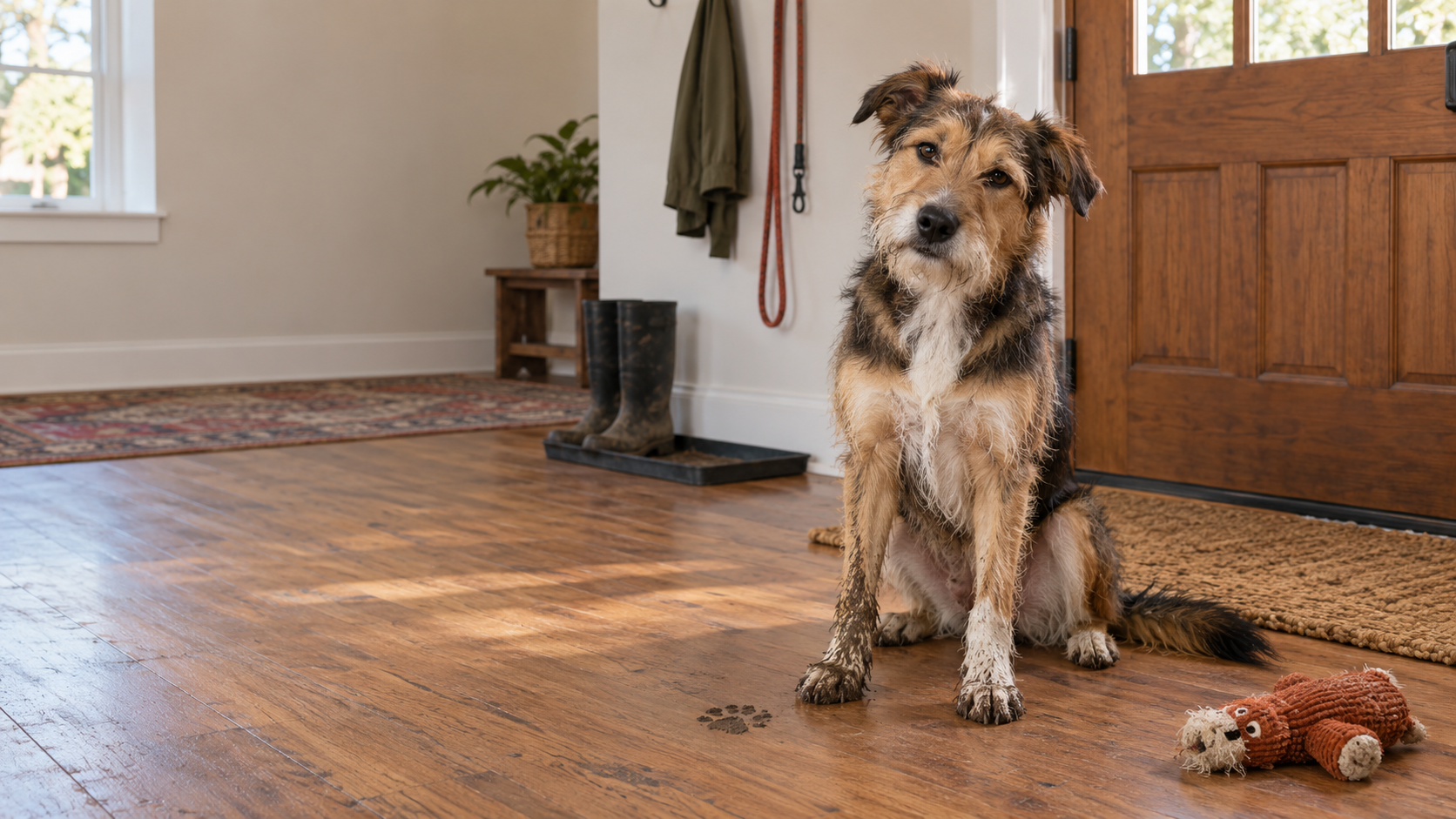A muddy, expressive dog sitting by the front door after an eventful trip outside