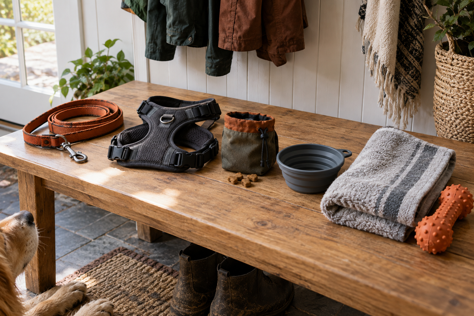 A leash, harness, treat pouch, travel bowl, towel, and chew toy arranged on a mudroom bench