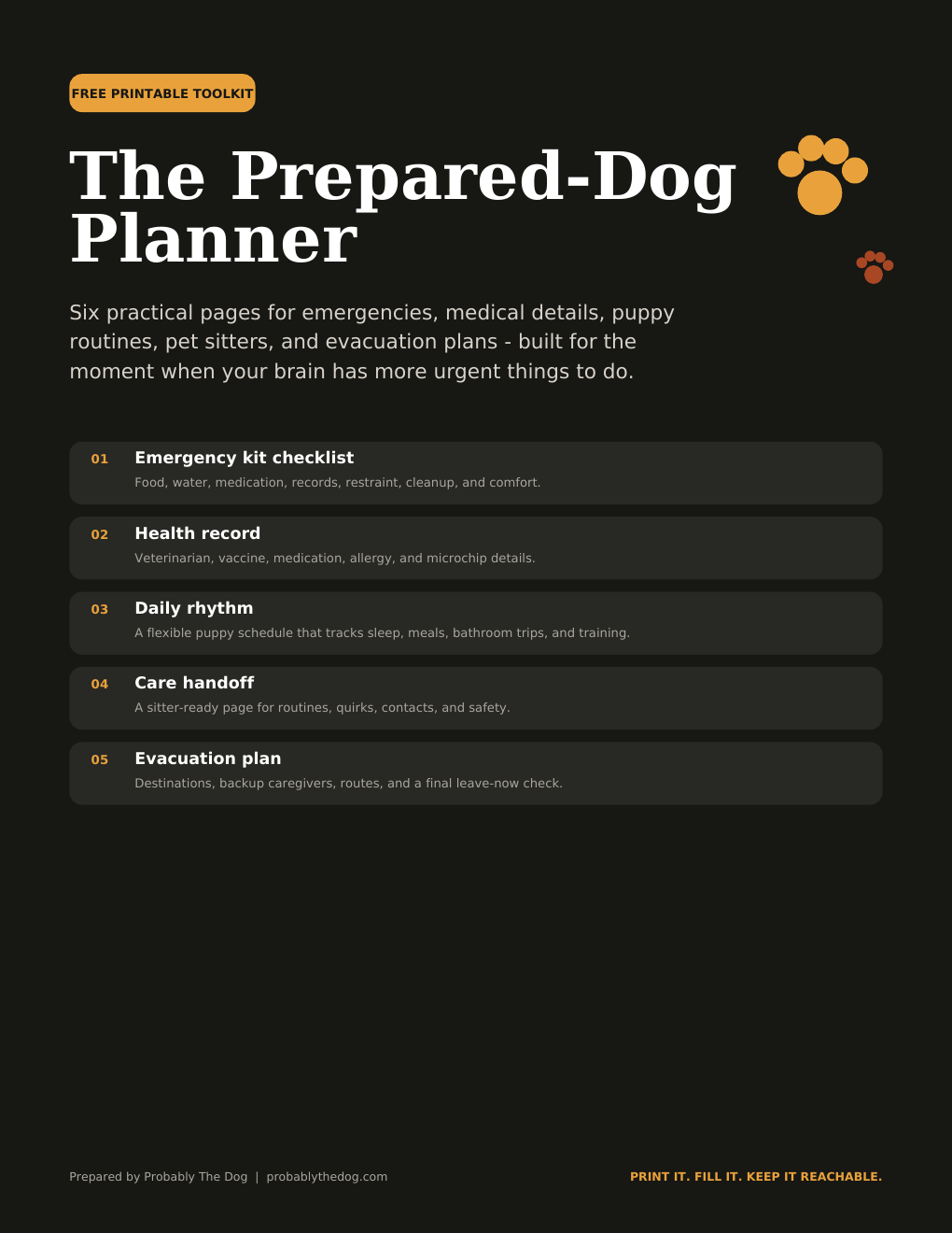 Cover of The Prepared-Dog Planner, a free six-page printable